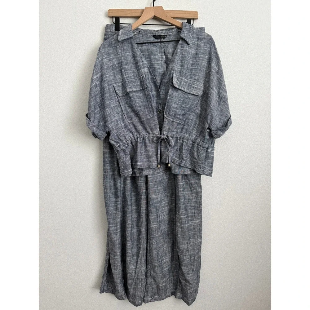 Zara Linen 2pc Set L Blue Wide Leg Pants Crop Top Coastal Grandma Casual Resort